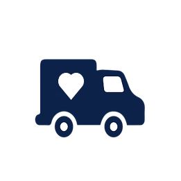 white and navy vector image of an ambulance with a heart logo