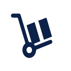 white and navy vector image of a box on a wheeled cart