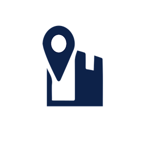 white and navy vector image of a building with a locator symbol